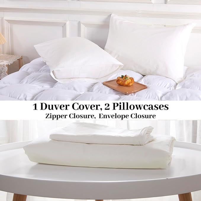NEXHOME PRO Cotton Duvet Cover Queen Size White, Organic Natural Linen Feel 100% Washed Cotton 3 Pieces Bedding Set with Zipper Closure & Corner Ties, Breathable(No Comforter)
