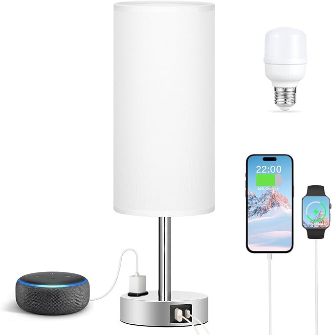 White Touch Bedroom Table Lamp - 3 Way Dimmable Bedside Lamp USB C A Charging Ports and AC Outlet, Small Lamp Nightstand with Silver Base for Living Room, Office Desk, LED Bulb Included