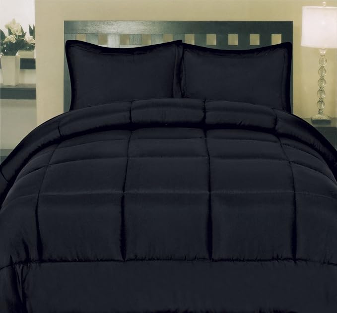Sweet Home Collection 7 Piece Comforter Set Bag Solid Color All Season Soft Down Alternative Blanket & Luxurious Microfiber Bed Sheets, Black, Queen