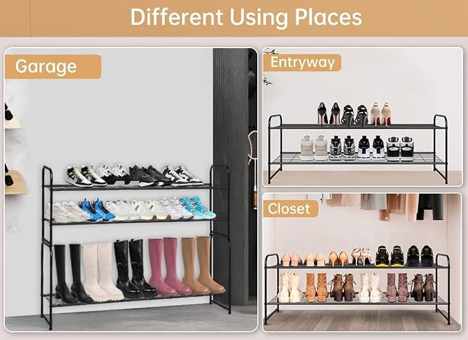 KEETDY 2-Tier Long Shoe Rack for Closet Metal Shoe Organizer for Entryway, Wide Stackable Shoe Storage Shelf with Sturdy Wire Grid for Closet Floor, Bedroom, Black