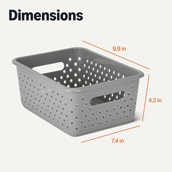 Amazon Basics Decorative BPA-Free Plastic Storage Baskets, 9.9 x 7.4 x 4.16 inches, Grey, 6-Pack
