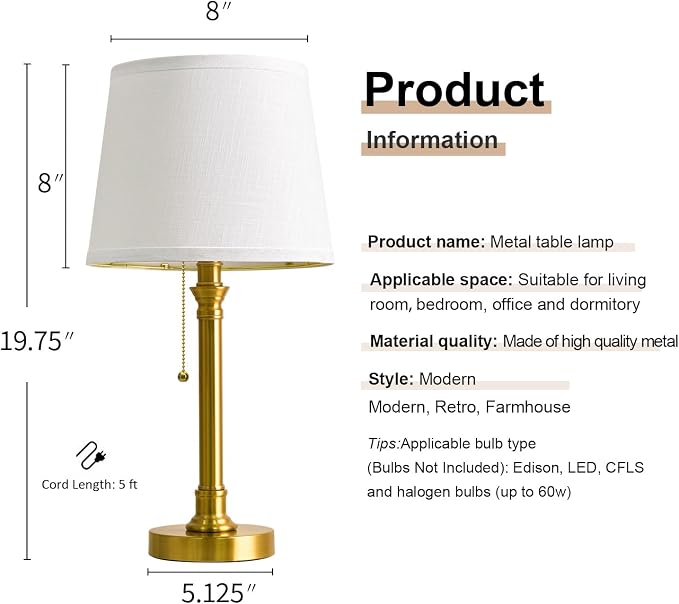 19.5" Small Table Lamp for Bedroom, Modern Brass Gold Lamp, USB A+C | Pull Chain Switch Bedside Table Lamps, White Shade, Small Nightstand Lamps for Living Room End Table & Desk Light