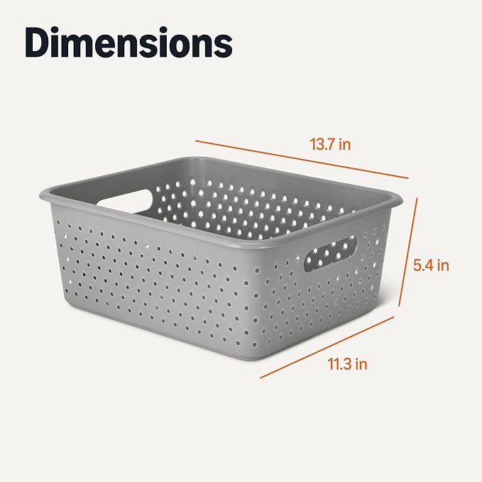 Amazon Basics Decorative BPA-Free Plastic Storage Baskets, 13.66 x 11.34 x 5.39 in, Grey, 4-Pack