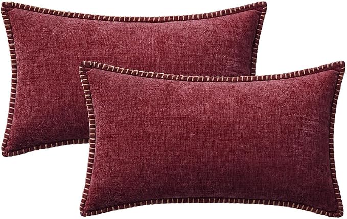 MIULEE Decorative Lumbar Throw Pillow Covers 12x20 Inch Burgundy Red 2 Pack | Farmhouse Pillow Covers with Stitched Edge, Soft Chenille Cushion Cases, for Couch Sofa Bed Living Room Home Decor