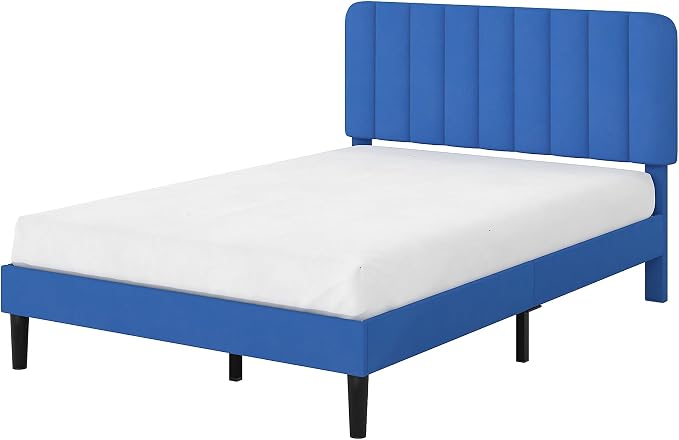 VECELO Queen Size Bed Frame with Upholstered Headboard, Velvet Platform Bedframe Mattress Foundation, Strong Wood Slat Support, No Box Spring Needed,Blue