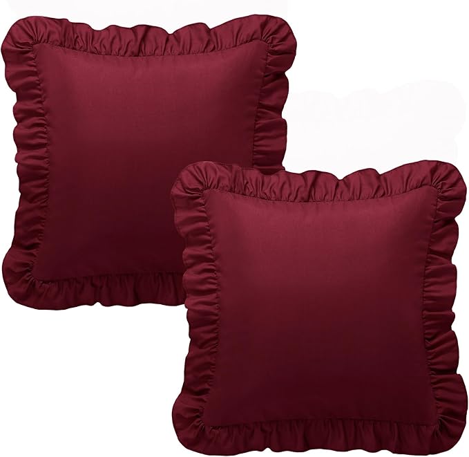 KKJIAF 2 Pack Ruffle Pillow Cases 26x26 Inches, Burgundy | Square Ruffled Pillow Covers, Microfiber Wrinkle Resistant Pillow Shams with Envelope Closure for Sofa Bed Living Room