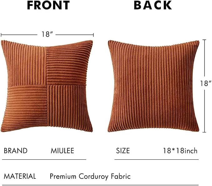 MIULEE Fall Rust Boho Decorative Throw Pillow Covers for Couch 18x18 Inch | 2 Pack, Boho Farmhouse Pillow Covers, Soft Cross Corduroy Patchwork Textured Cushion Cases For Bed Sofa