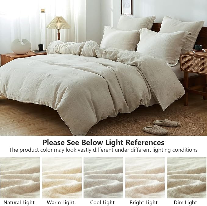 Simple&Opulence 100% Washed Linen Duvet Cover Set 5pcs(1 Duvet Cover& 2 Shams& 2 Pillowcases) Basic Style Natural French Flax Soft Breathable Farmhouse Bedding (King, Linen)
