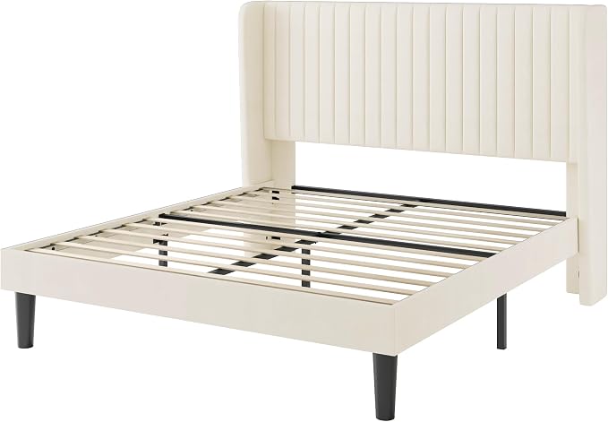 SHA CERLIN Queen Size Velvet Bed Frame, Tufted Wingback Headboard, Cream | 47'' Modern Vertical Channel Headboard, Upholstered Platform Bed, Wood Slats, No Box Spring Needed, Easy Assembly, Noise Free