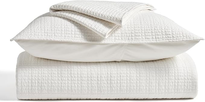 100% Cotton Modern Grid Stitch Quilt Set, King Size, Bright White | Pre-Washed Cotton Coverlet Bedspread, Oversized Lightweight 3-Piece Bedding Set for All Season, with 2 Pillow Shams