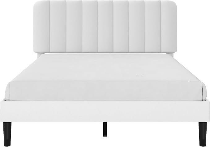 VECELO Full Size Bed Frame with Upholstered Headboard, Velvet Platform Bedframe Mattress Foundation, Strong Wood Slat Support, No Box Spring Needed,White