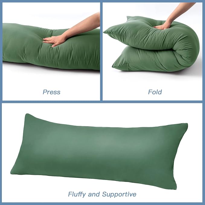 DOWNCOOL Luxury Full Body Pillow Insert with Fiber Cover - Ultra Soft Body Pillow for Sleeping - Breathable Long Bed Pillow Insert, 20"x54"(Sage Green, with Cover)