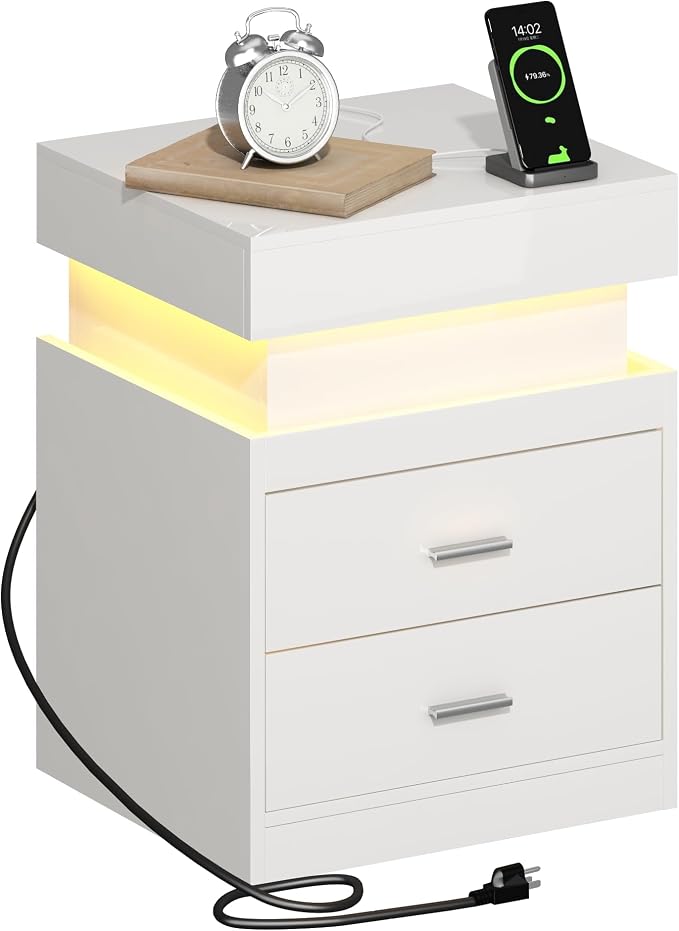 ChooChoo LED Nightstand Set of 2,Smart Night Standwith Charging Station and Sliding Top Storage, White | Sliding Top Storage, 2-Drawers, High Gloss Bedside Table, Modern End Table, Bedroom,White