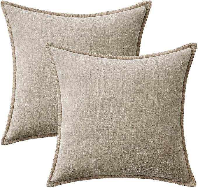 MIULEE Decorative Couch Throw Pillow Covers 20x20 Inch Light Taupe 2 Pack | Neutral Farmhouse Pillow Covers with Stitched Edge, Soft Chenille Cushion Cases, for Sofa Bed Living Room Home Decor