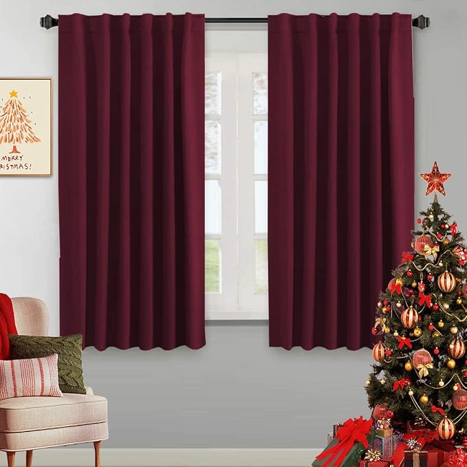 H.VERSAILTEX Christmas Blackout Curtains Thermal Insulated Window Treatment Panels Blackout Drapes for Living Room Back Tab/Rod Pocket Bedroom Draperies, 52 x 63 Inch, Burgundy Red, 2 Panels