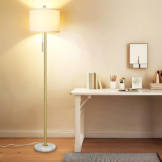 Qingmiao 63" Gold Floor Lamp for Living Room, Marble Base, 3 Way Bulb | Dimmable Standing Lamp with Pull Chain for Bedroom, Tall Pole Lamp for Home Office Reading Corner Decor Gifts