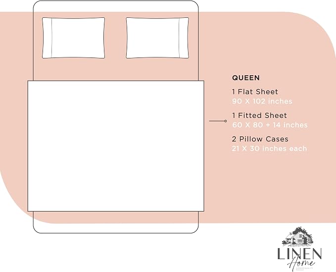 Linen Home 100% Cotton Percale Sheets Queen Size, Brushed Rose, Deep Pocket, 4 Pieces Set - 1 Flat, 1 Deep Pocket Fitted Sheet and 2 Pillowcases, Crisp Cool and Strong Bed Linen