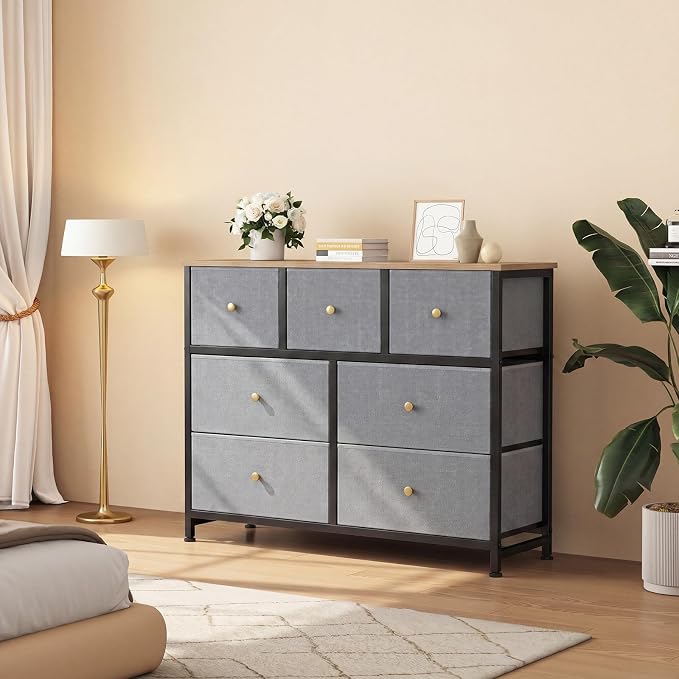 OLIXIS 7 Drawer Fabric Dresser, Storage Tower for Bedroom and Closet | Easy-Pull Bins for Closet Organizers, Chest of Drawers with Steel Frame & Wooden Top for Living Room, Entryway, Gray Blue