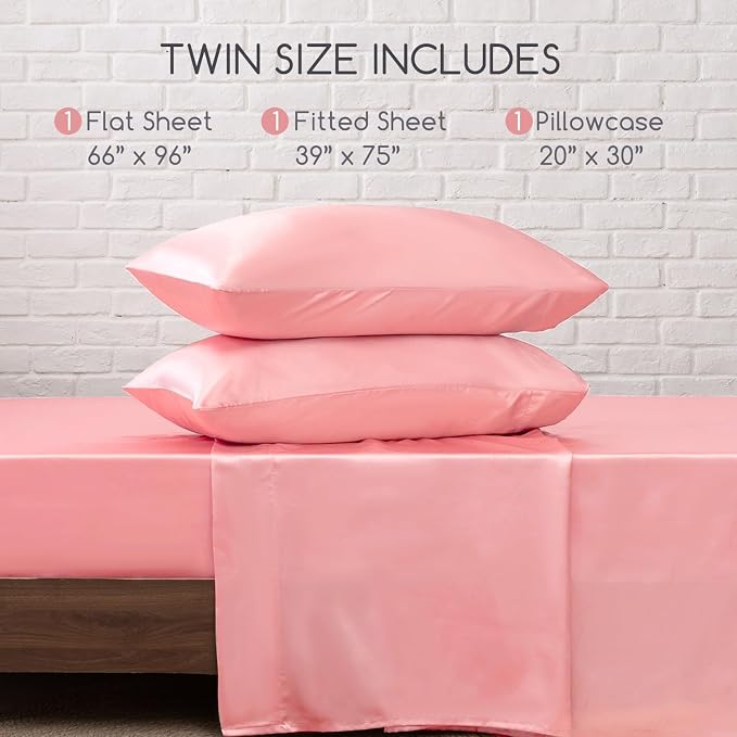 MR&HM Satin Sheets Twin Size with Elastic Corner Straps, Blush | Similar to Silk, 3-Piece Silky Soft Bed Sheet Set, Gentle on Skin and Hair, 15" Deep Pocket, Cooling & Breathable