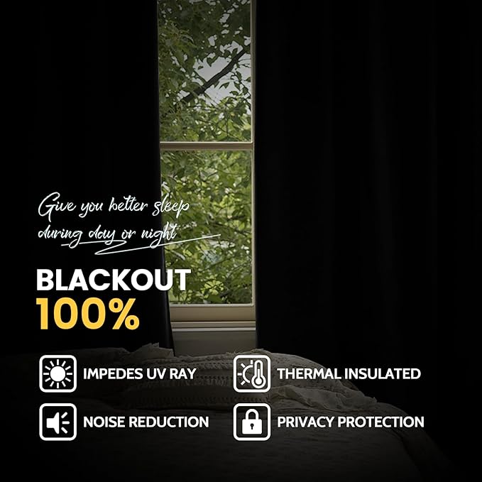 Yakamok Black 100% Blackout Curtains 84 Inches Long for Bedroom 40" Wide | Blackout Curtain Panels for Bedroom, 2 Thick Layers Grommet Top Thermal Insulated Drapes with White Back for Living Room