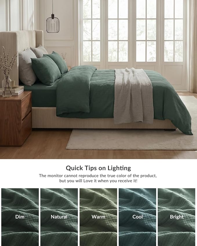SE SOFTEXLY Muslin Duvet Cover California King Size, 100% Washed Cotton Duvet Cover Set, Ultra Soft Comforter Cover Linen Like, 3 Pieces Gauze Duvet Cover with 2 Pillowcases, 98"x104", Forest Green