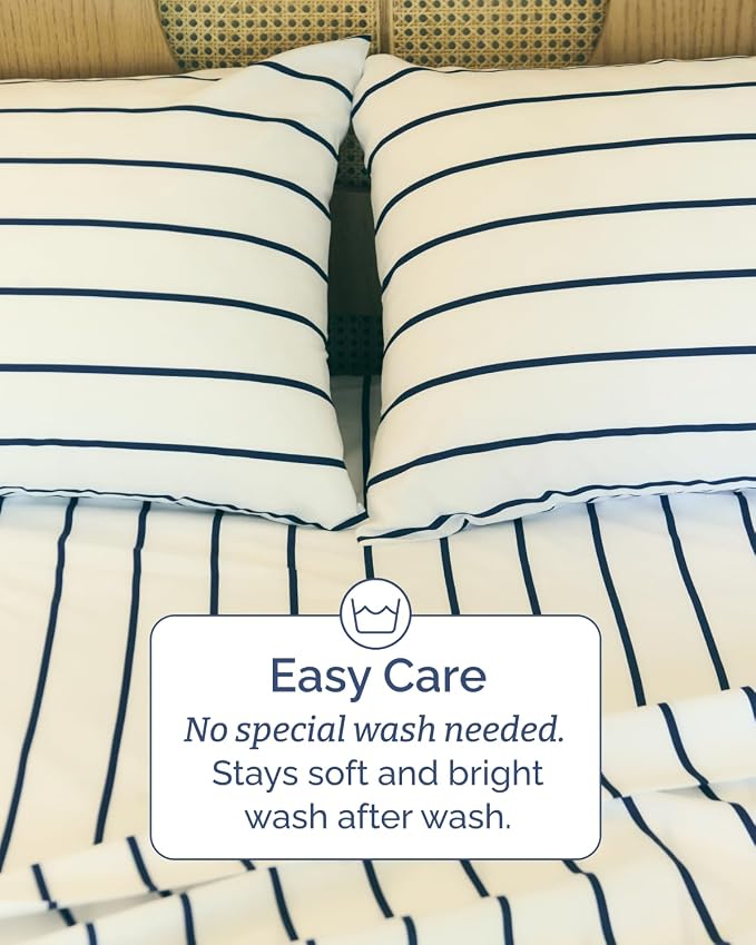 Cal King 4 Piece Striped Sheet Set - Breathable & Cooling - Navy Stripe | 1 Flat, 1 Fitted & 2 Pillowcases w/ Deep Pockets, Luxury Striped Bedding, Soft, Breathable & Cooling, Wrinkle & Fade Free