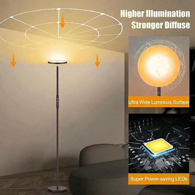 mukuxin Floor Lamp, Upgraded 40W 4000LM Super Bright Torchiere LED Floor Lamps for Living Room, Stepless Dimmable Color Temperature 2700K-6500K with Remote & Touch Control, Standing Light (40W Brown)