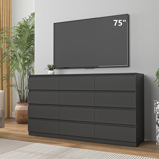 Vibe & Dine Black Dresser 12 Drawer, Modern Long Dresser for Bedroom, Wood Chest of Drawers with Wide Storage for Living Room