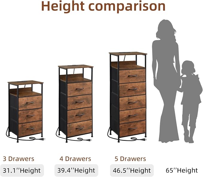 Somdot Tall Nightstand with 3 Drawers, Charging Station & LED Light | Fabric-Bin Dresser for Bedroom, Bedside, Kids Room, Dorm, Closet, Laundry and Entryway, Brown