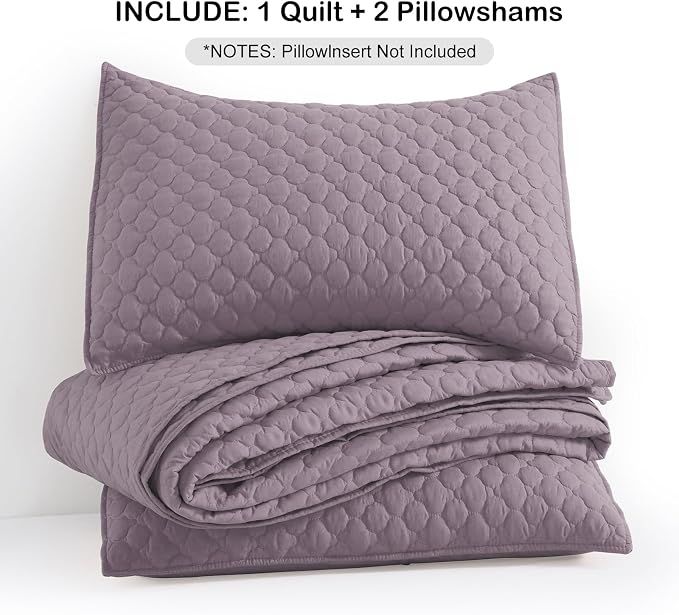 HORIMOTE HOME Quilt King Size Grayish Purple, Lightweight Quilt for Summer, Ultra-Soft Microfiber Modern Style Quilted Clouds Pattern Bedspread Quit Set 3 Pieces(1 Quilt and 2 Pillow Shams)
