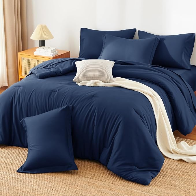 HIMEET Queen Comforter Set, 7-Piece Point-Quilted Bed in a Bag Navy Blue | OEKO-TEX Certified, Lightweight 240 GSM Comforter, Flat Sheet, 14-Inch Deep-Pocket Fitted Sheet, Pillowcases & Shams