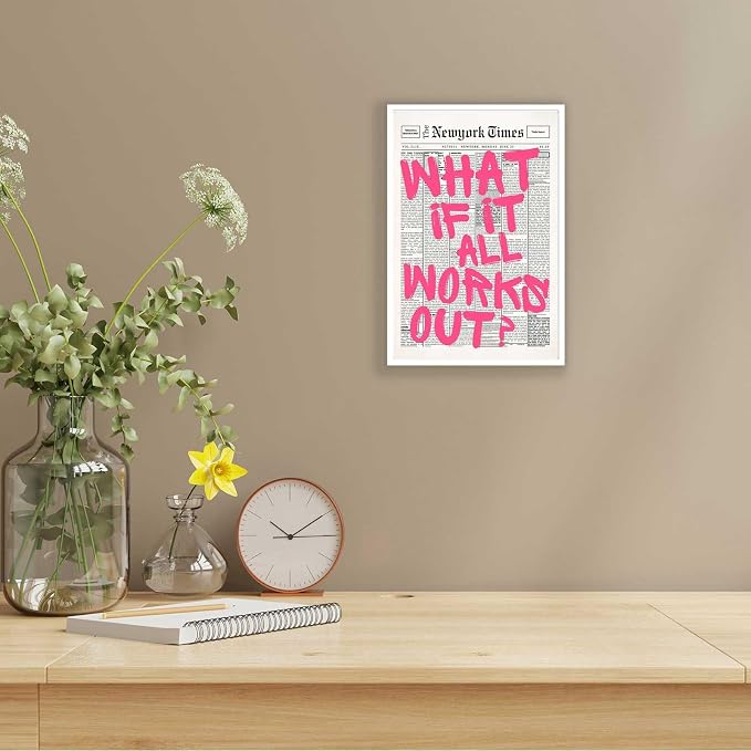 Drimiler Retro Newspaper Pink Font Poster What If It All Works Out Canvas Wall Art Positive Affirming Quote Minimalist Prints Painting For Home Bedroom Dorm Wall Decor 8x12in Unframed