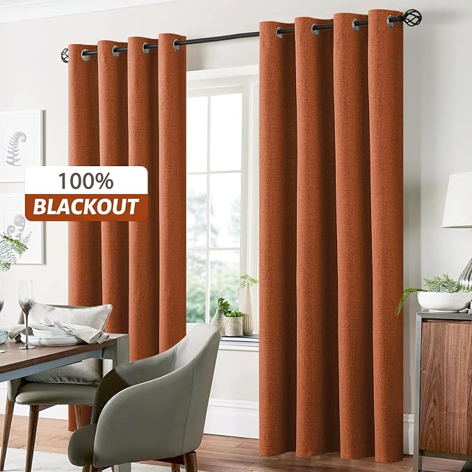 Yakamok Burnt Orange Linen Curtains 84 Inches Long for Living Room | 100% Blackout Curtains,Room Darkening Curtains,Thermal Grommet Bedroom Curtain 2 Panels with Greyish White Liner,52W x 84L