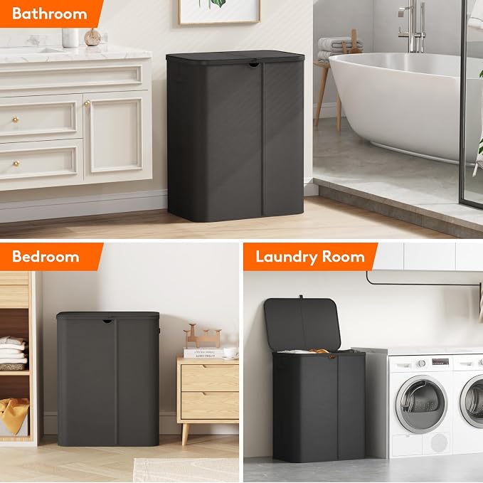 Lifewit 185L 3 Section Laundry Hamper with Lid, Laundry Basket, Black | Large Foldable Laundry Sorter with 3 Removable Bags, Tall Clothes Hamper for Bedroom and Bathroom