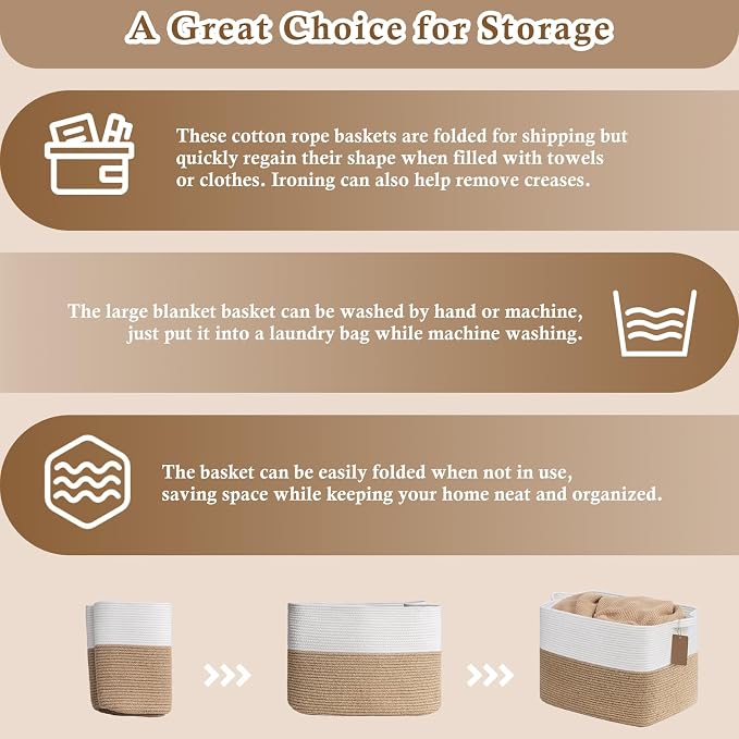 Goodpick 50L Large Woven Rope Storage Basket for Organizing, Jute | 18" × 14" × 12" Decorative Gift Basket for Nursery & Bedroom Organization, Fits Toys, Blankets & Kids Essentials Storage