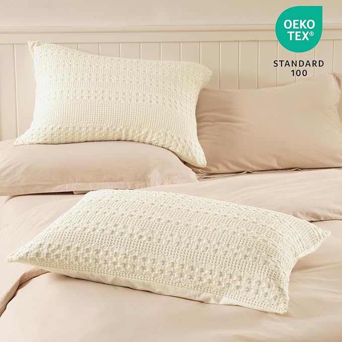 PHF Waffle Weave Pillow Shams Queen Size, 2 Pack 100% Cotton Pillowcases 20" x 30", No Insert, Soft & Breathable Aesthetic Woven Pillow Case Covers for Bedroom Decor, Canmoli Cream