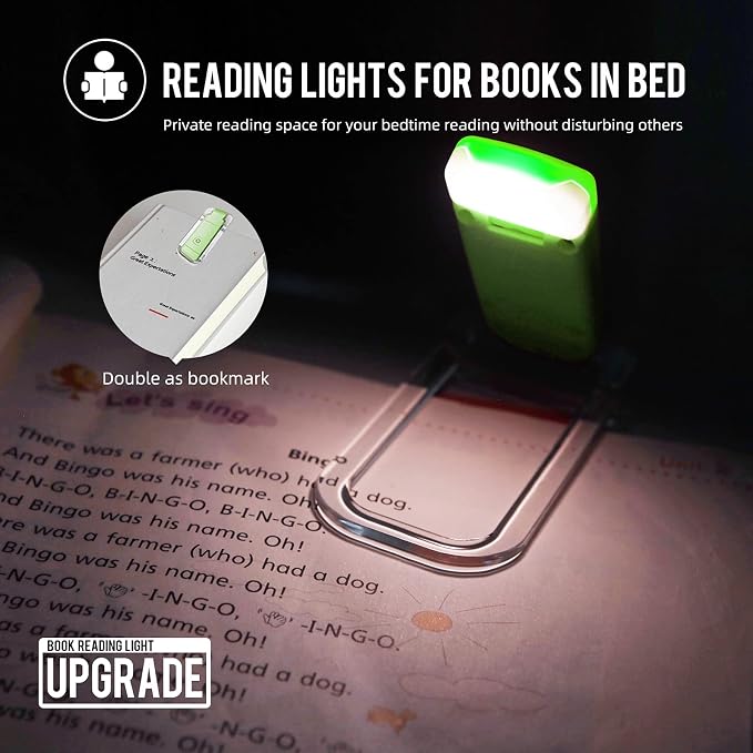 EGWASER Book Light for Reading in Bed, USB Rechargeable Clip on Book Lights, 3 Brightness Adjustable Dimmable Bookmark Light for Eye-Protection, Reading Lamp for Bookworms, Travel (2-Pack Green)