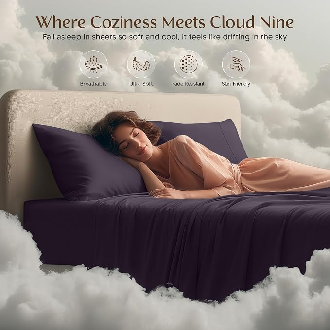 King Sheets Set, 4 Pieces 16" Deep Pocket Hotel Luxury Sheets, Dark Purple | Extra Soft Bedsheet Set, Comfy & Breathable Cooling Sheets, Wrinkle & Fade Resistant, Fitted Sheet, Flat Sheet, 2 Pillowcases
