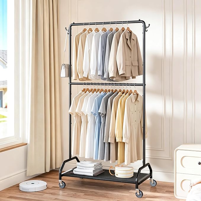 Wiracks Clothes Rack Double Hanging Clothes Rack Clothing Rack Garment Rack 130LBS Capacity 34.5" W X15.8 D X 79" H Rolling Clothes Racks for Hanging Cothes with Bottom Shelf