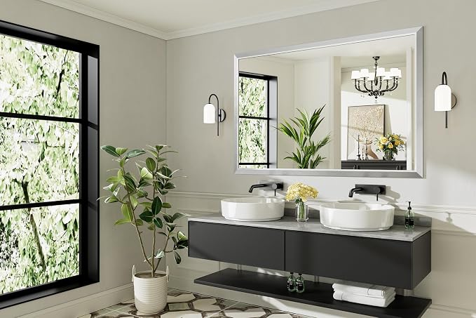 Bathroom Wall Mirror, Silver Brushed Nickel Metal Frame, 60x40 Inch | Anti-rust, HD tempered glass, for bathroom vanity, bedroom, living room, horizontal or vertical mount