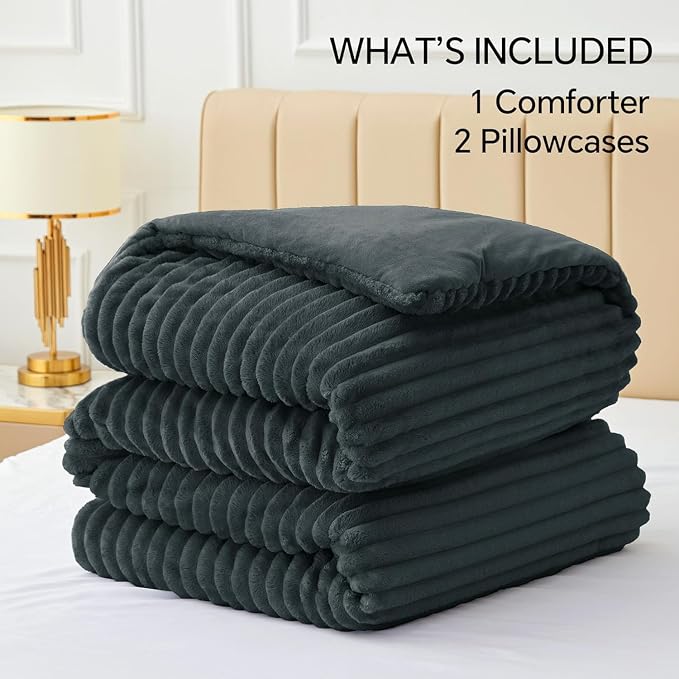 BEDELITE Fleece Full Comforter Set, Fluffy Bed Set, Dark Grey | Super Soft & Warm Bedding, Luxury Fuzzy Faux Fur Comforter for Winter, Heavy Plush Bedding, with 2 Pillowcases