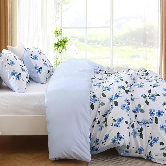 MUXHOMO Duvet Cover Queen Size, Reversible Vintage Floral Duvet Cover Set with Zipper Closure, 3 Pieces Botanical Patterns Soft Microfiber Bedding Set (90"x90", 2 Pillow Cases, Large Blue Flower)