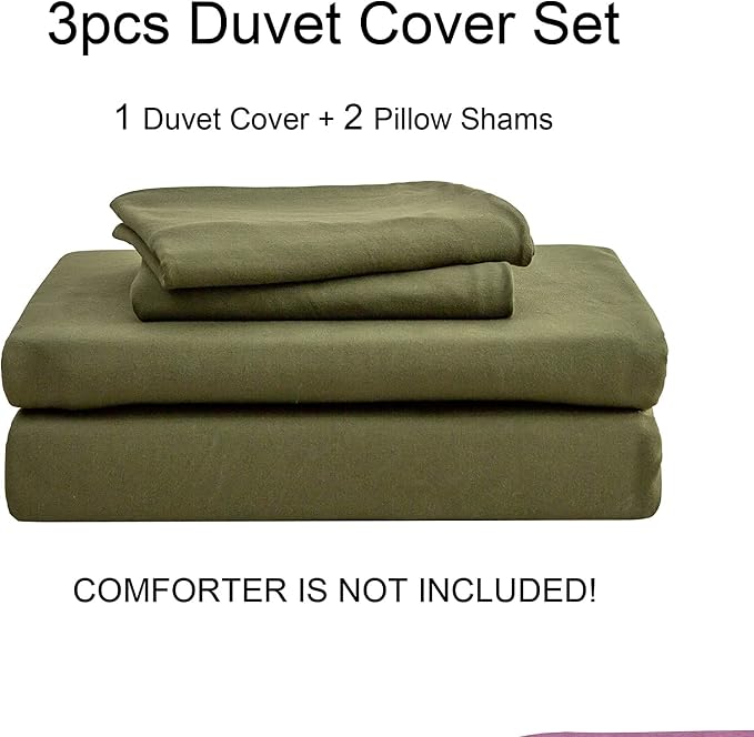 PURE ERA Jersey Knit Sheet Set Solid Olive Green Queen | 100% Cotton, 3 Piece Set, T Shirt Soft, Breathable, Envelope Closure Pillowcases, Hidden Zipper, 8 Ties, No Insert, Modern
