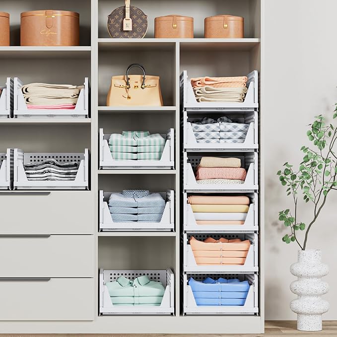 5 Pack Stackable Closet Storage Basket - Stackable Storage Bins | Multifunctional & Foldable Closet Organizer Waterproof, Wardrobe Cupboard Space-Saving Storage Drawer Organizer