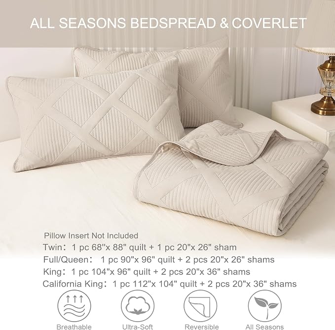 Exclusivo Mezcla Quilt King Size, Brich Beige | Soft Bedspreads with 2 Pillow Shams, Modern Striped Pattern, Lightweight Bedding Set Coverlets for All Seasons, 104x96 Inch