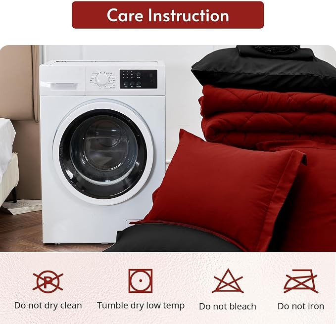 7 Pieces King Comforter Set, Reversible Bed in a Bag King Size, All Season Bedding Set with Comforter, Flat Sheet, Fitted Sheet, Pillowcases & Shams, Red & Black