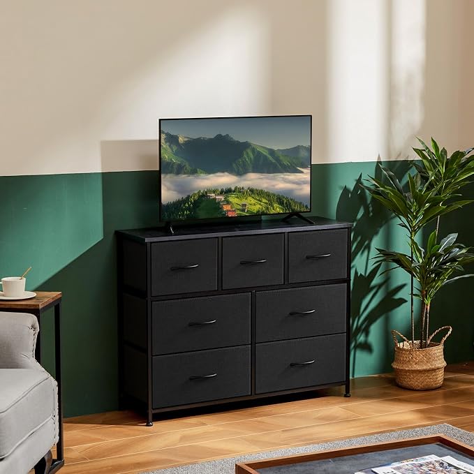 OLIXIS Black Dresser for Bedroom with 7 Fabric Drawers Storage Organizer | Wardrobe Closet for Clothes Storage, Steel Frame & Wooden Top, Cabinet Vertical Dresser for Living Room, Entryway Hallway