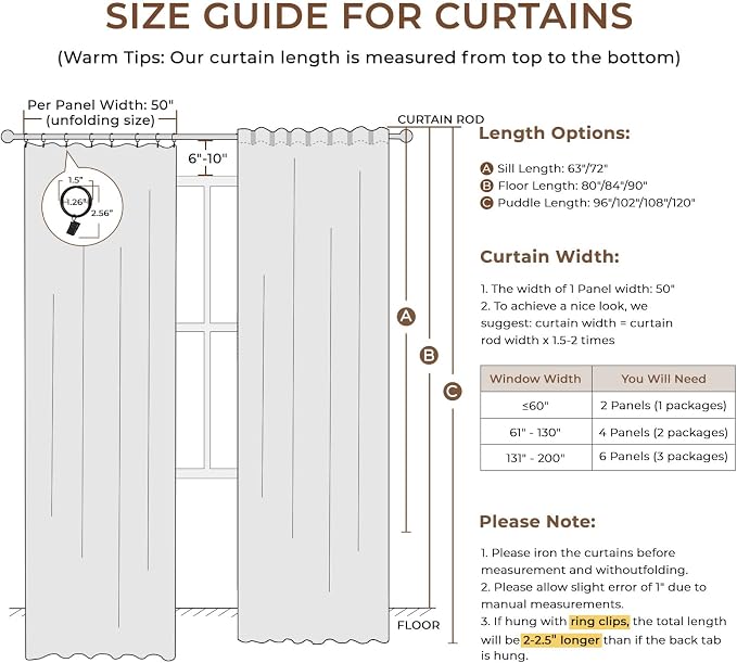INOVADAY 100% Blackout Curtains for Bedroom Black Out Curtain 120 Inch Long | Beige Curtains for Living Room 2 Panels, Clip Rings Linen Look Blackout Drapes, Thermal Insulated Room Darkening,W50xL120