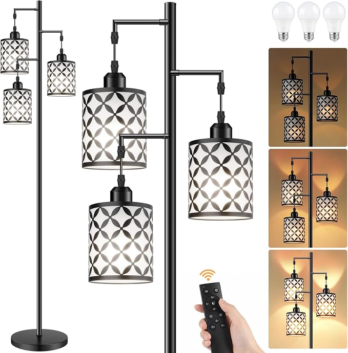 72" Dimmable Floor Lamp with Remote & Timer, Industrial Farmhouse Rustic Standing Lamp for Living Room Bedroom, 3 Individually Controlled Heads, 2 Height Options, 3 x LED Bulbs Included