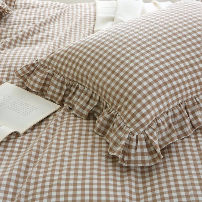 Silnuo Taupe/White Plaid Gingham Ruffle Duvet Cover Set Twin Size | 100% Washed Cotton 3 Piece Vintage Checkered Chic Bedding Set Comforter Cover Set